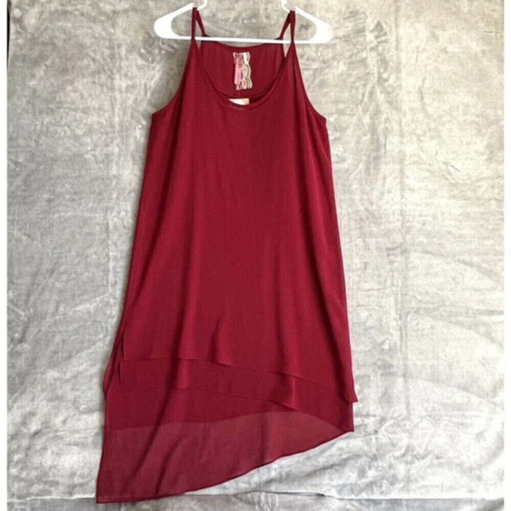 Cinnamon Girl Chiffon Slip Dress S Red Sleeveless Tiered Asymmetrical Hem Midi‎